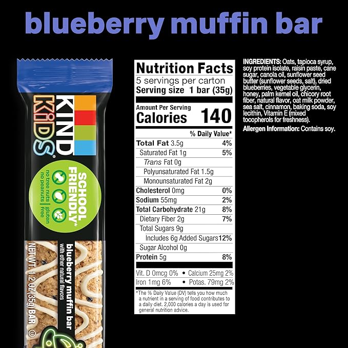 KIND Kids Snacks, Blueberry Muffin Bar, Tree Nut and Peanut Free, Gluten Free, Whole Grains and