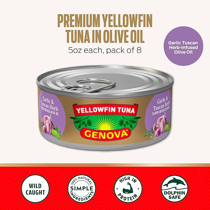 Genova Premium Yellowfin Tuna in Garlic and Tuscan Herb Infused Olive Oil, 5 Ounce Can (Pack of