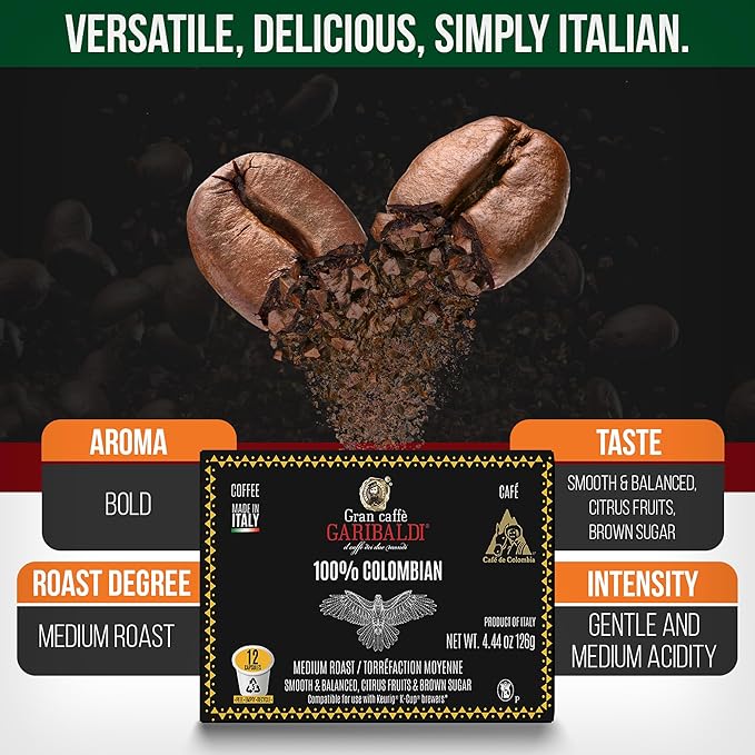 Caffè Garibaldi Colombian Coffee Pods, for Keurig K-Cup Brewers, Single Serve Cups with 100%
