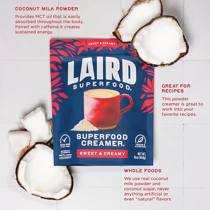 Laird Superfood Non-Dairy Superfood Creamer - Coconut Powder Coffee Creamer - Sweet & Creamy