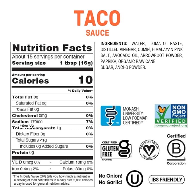 Fody Foods Taco Sauce, 8.5 Oz, Garlic and Onion Free, Low FODMAP Certified, Gut & IBS Friendly