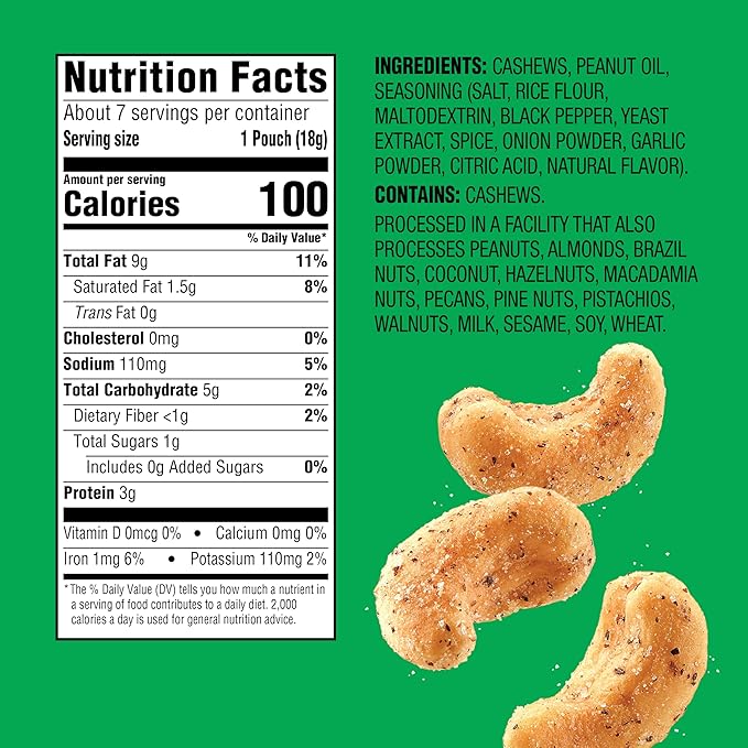 Emerald Nuts Salt and Pepper Seasoned Cashews 7ct (1-Pack), 100-Calorie Individual Packs, Kosher