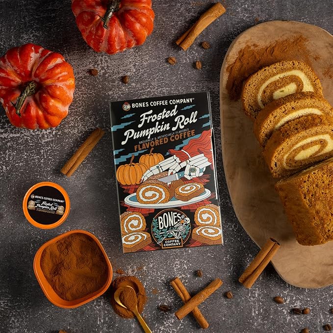 Bones Coffee Company Frosted Pumpkin Roll Flavored Coffee Pods, Low Acid Medium Roast Single-Serve