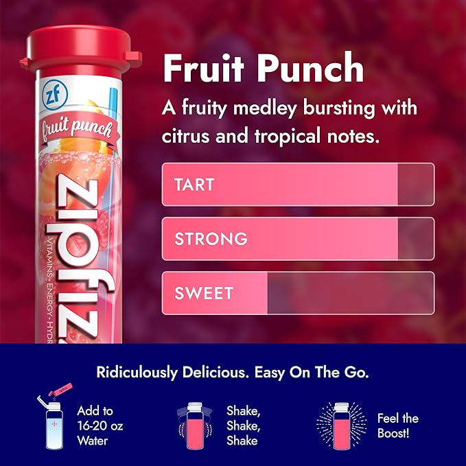 Zipfizz Daily Energy Drink Powder, Fruit Punch, 20 Pack 3-in-1 Sustained Energy, Rapid Hydration