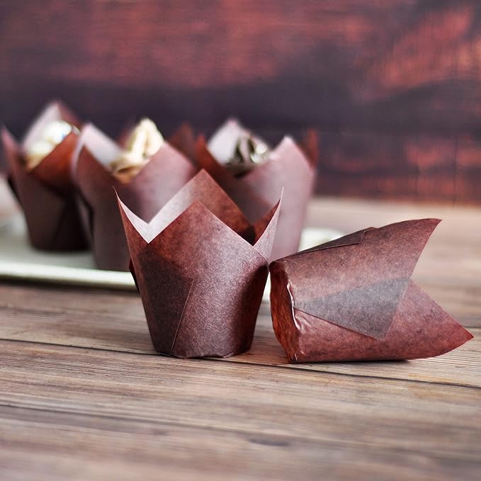 Large size White+Brown Tulip Baking Cups 2-1/4"(Base diameter) x 4"(Wall height) Greaseproof paper