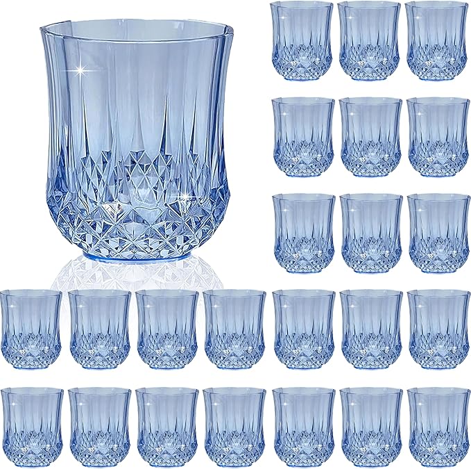 24 PCS Blue Stemless Wine Glasses，Plastic Reusable Cups 9OZ Vintage Drinking Glasses Tumblers for