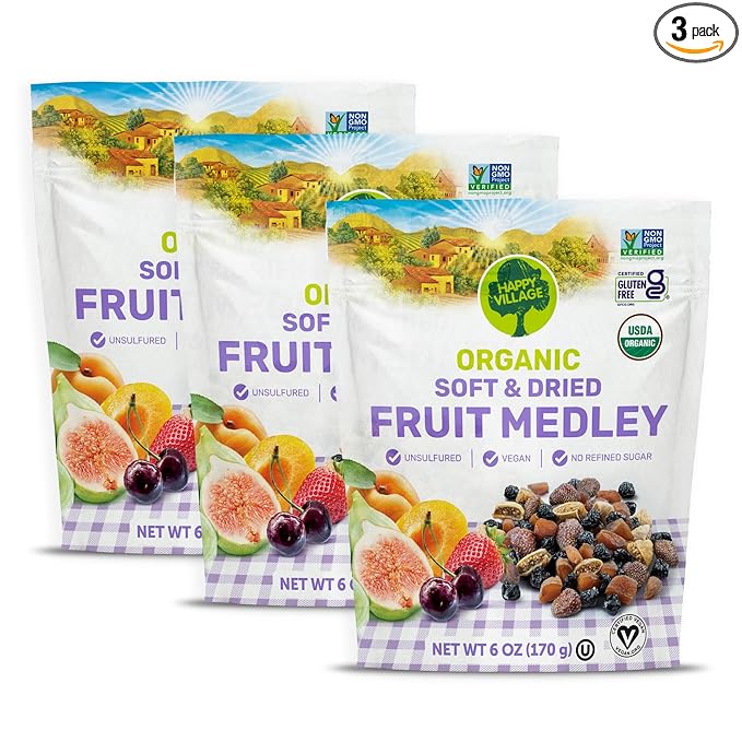 Happy Village Organic Dried Fruit Mix - Apricots, Figs, Strawberries & Tart Cherries, 18 OZ (3