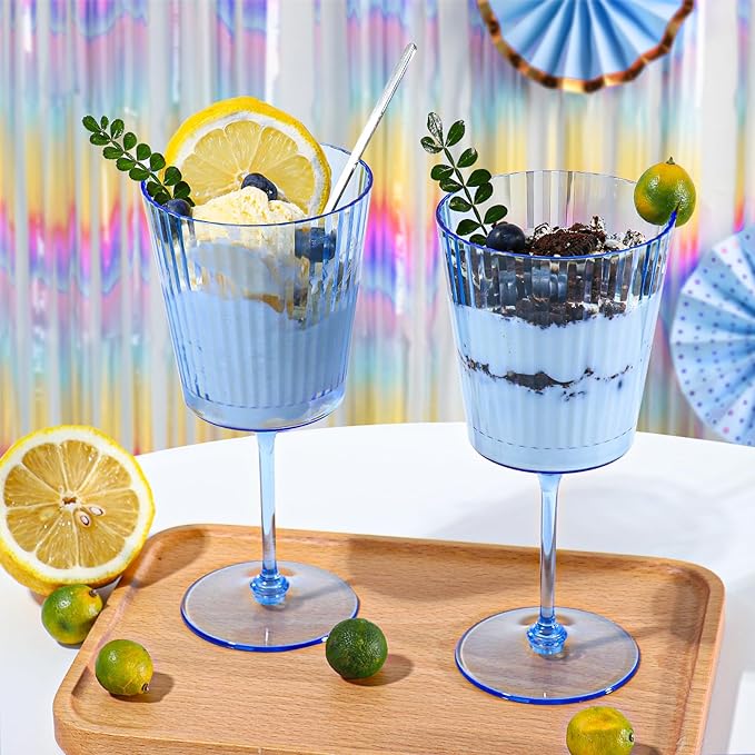 12 PCS Blue Ribbed Plastic Wine Glasses 13.5 OZ Ribbed Wine Glasses Detachable Wine Glass Elegant