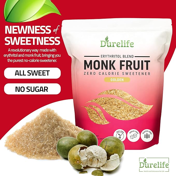 Durelife Golden Monk Fruit Sweetener, 1:1 Sugar Replacement, Keto Diet Friendly, Zero Calorie
