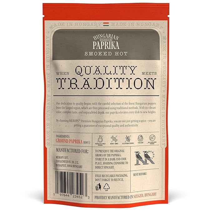 Premium SMOKED HOT Hungarian Paprika Powder (4 oz) - Non-GMO - Vibrant Deep Red Color - Origin: