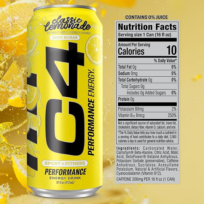 C4 Energy Drink, Lemonade Limited Edition Carbonated, Sugar Free Pre Workout Performance Drink with