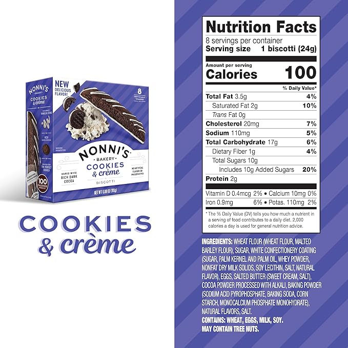 Nonni's Cookies & Crème Biscotti, Rich Dark Cocoa Cookie with Vanilla Icing, 8 Individually Wrapped