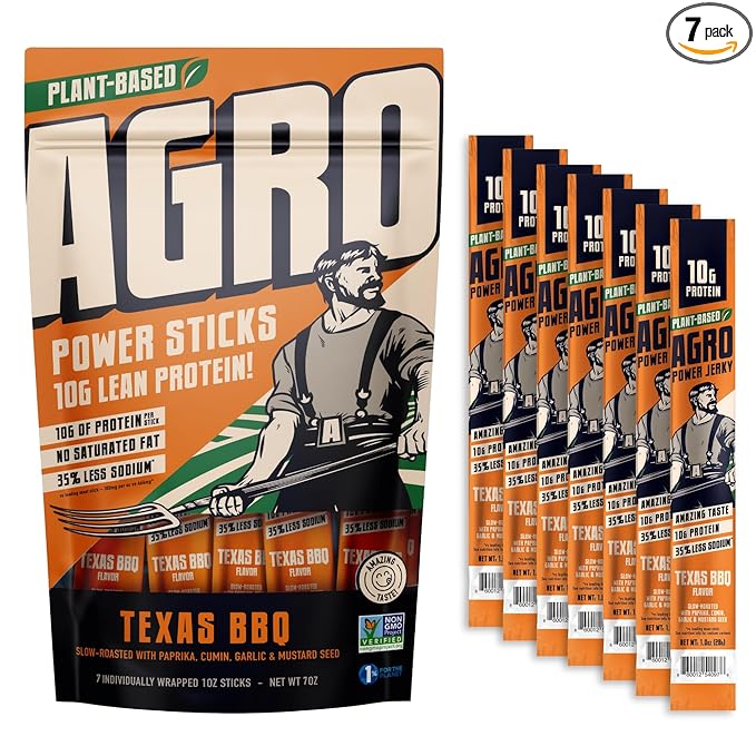 AGRO POWER Vegan Jerky Sticks ??Texas BBQ Flavor ??7-Stick Bag of Plant-Based Jerky with 10g