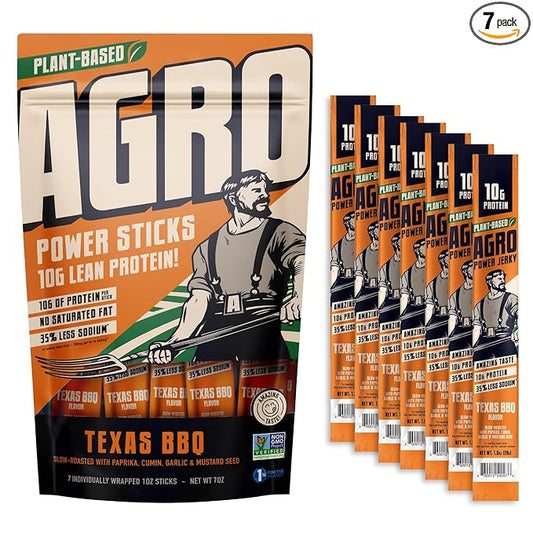 AGRO POWER Vegan Jerky Sticks ??Texas BBQ Flavor ??7-Stick Bag of Plant-Based Jerky with 10g