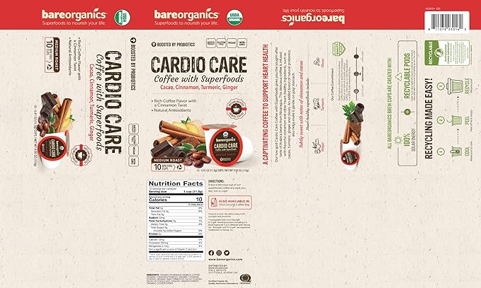 BareOrganics 13313 Cardio Care USDA Organic Coffee Pods, Compatible Organic Coffee Pods, Infused