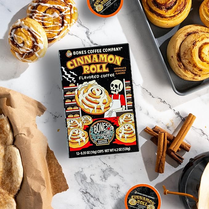 Bones Coffee Company Cinnamon Roll Flavored Coffee Pods, Low Acid Medium Roast Single-Serve Bones