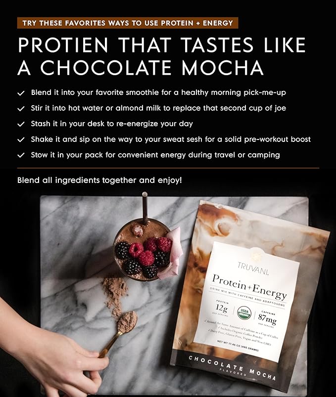 Truvani Protein + Energy Drink Mix with 87mg Caffeine | Chocolate Mocha | 12g Organic Plant Based