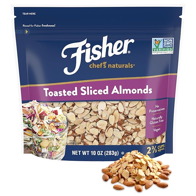 Fisher Chef's Naturals Unsalted Toasted Sliced Almonds 10oz Resealable Bag, Raw Nuts Perfect for