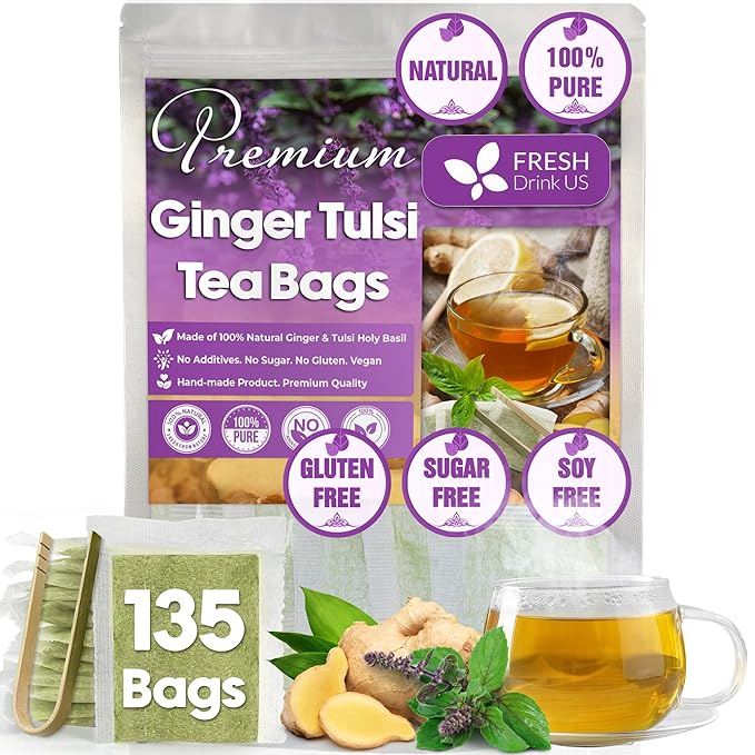 FreshDrinkUS, Premium 135 Ginger Tulsi Tea Bags, 100% Natural, Hand-made Blend of Ginger and Tulsi