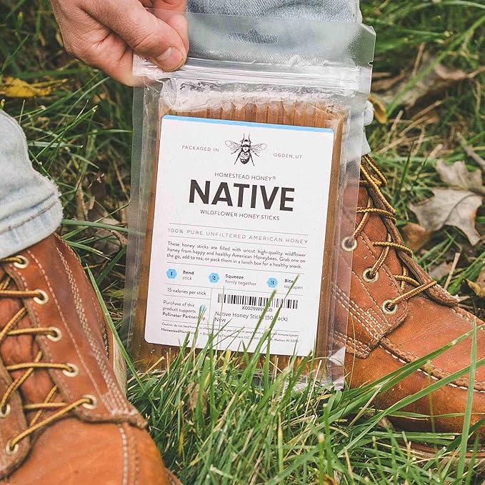 Homestead Honey Native Sticks 100 Count - Pure Wildflower - Individual Packets - Unfiltered Snack