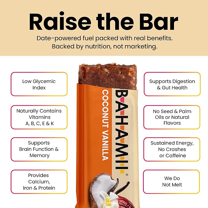Bahamii Almond Nut & Date Bars - Coconut Vanilla, 12 Pack, Only 6 Ingredients, Soft & Delicious
