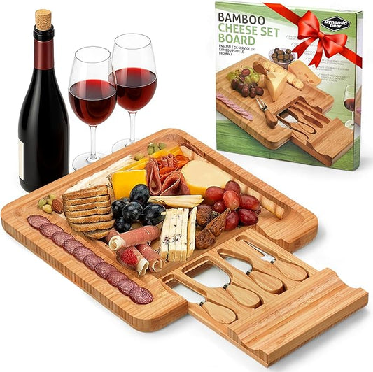 Dynamic Gear Bamboo Charcuterie Cheese Board Set with Knives - Low Maintenance Surface - Perfect