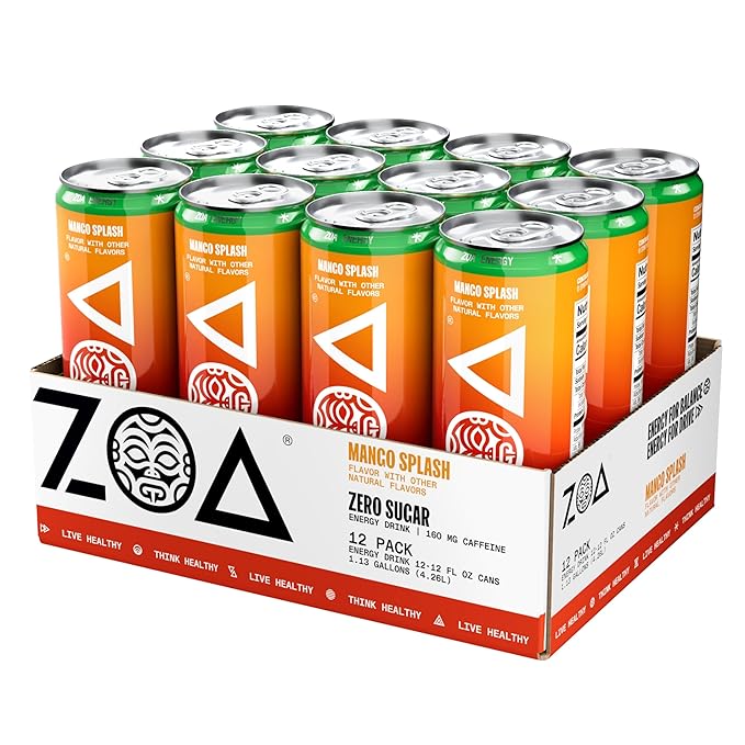 ZOA Zero Sugar Energy Drinks, Mango Splash - Sugar Free with Electrolytes, Healthy Vitamin C, Amino