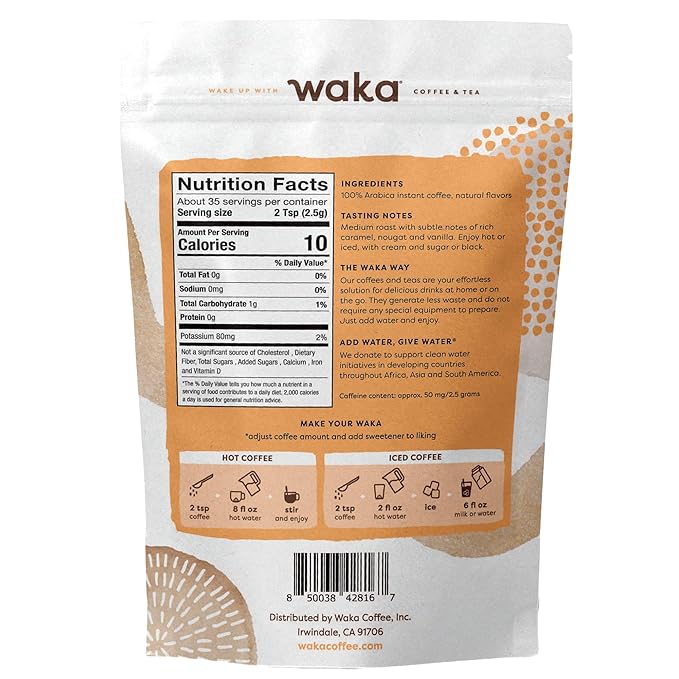 Waka Premium Instant Coffee — Butterscotch Vanilla Flavored — 100% Arabica Freeze Dried Beans — For