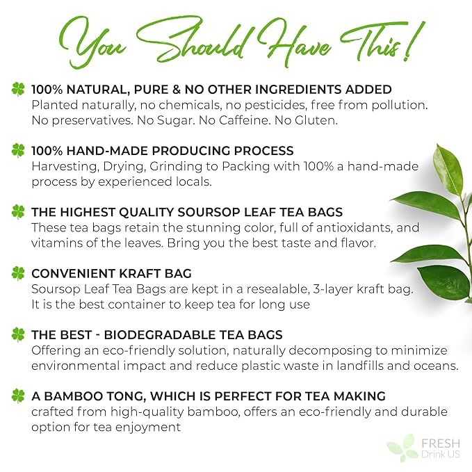 FreshDrinkUS, Premium 33 Soursop Graviola Leaf Tea Bags, 100% Natural & Pure from Soursop Leaves