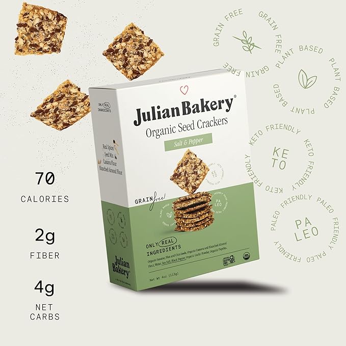 Julian Bakery® Organic Seed Crackers - Salt & Pepper 4oz | Gluten Free and Organic Certified |