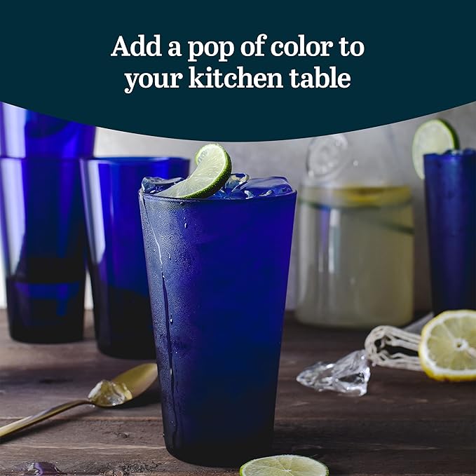 Libbey Cobalt Blue Drinking Glasses, Classic Design Flare Tumbler Glasses Set of 8, Dishwasher Safe