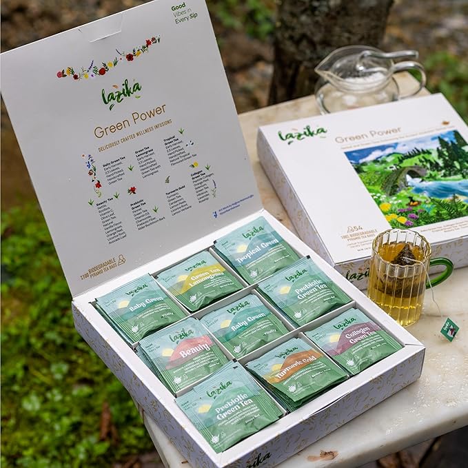 Lazika Green Tea Variety Pack with Lovely Presentation Box, 54 Counts, Green Tea Assortment Gift