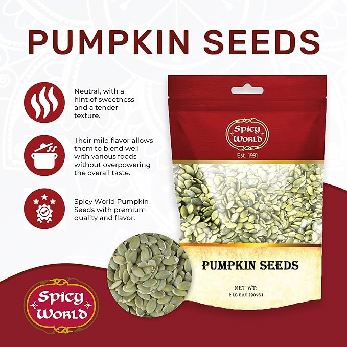 Raw Pumpkin Seeds 2 LB Bag - Shelled, AAA Grade, Unsalted, Dry, Vegan, Bulk Bag by Spicy World