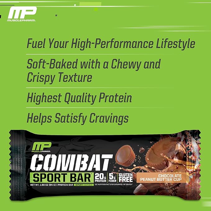 MusclePharm Combat Sport Bar, Chocolate Peanut Butter Cup, High Protein Bars, Combat Cravings, Fuel