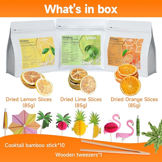 3-Pack Dehydrated ORANGE,LEMON & LIME,9oz total,Premium Craft Cocktail Garnish With10 Pcs Drink