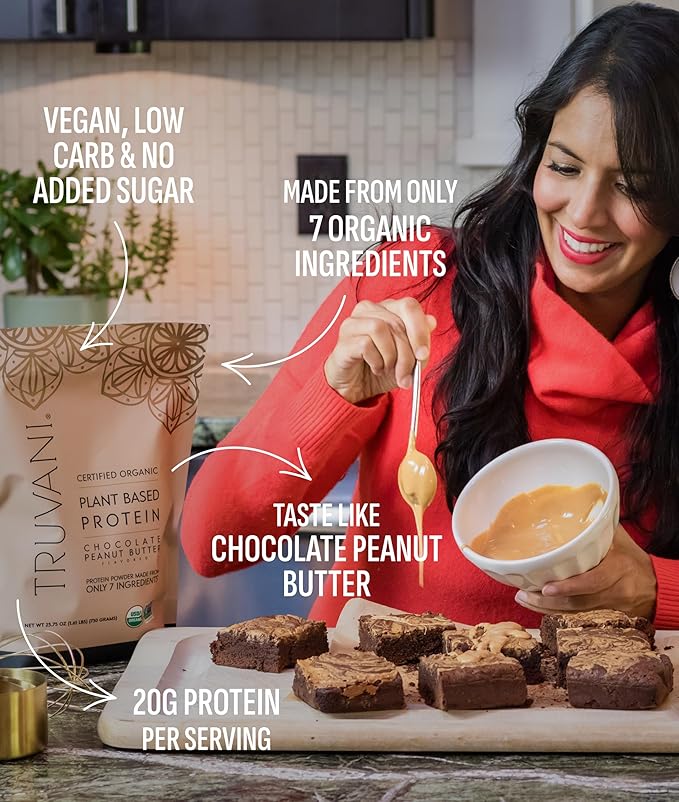 Truvani Vegan Pea Protein Powder | Chocolate Peanut Butter | 20g Organic Plant Based Protein | 10