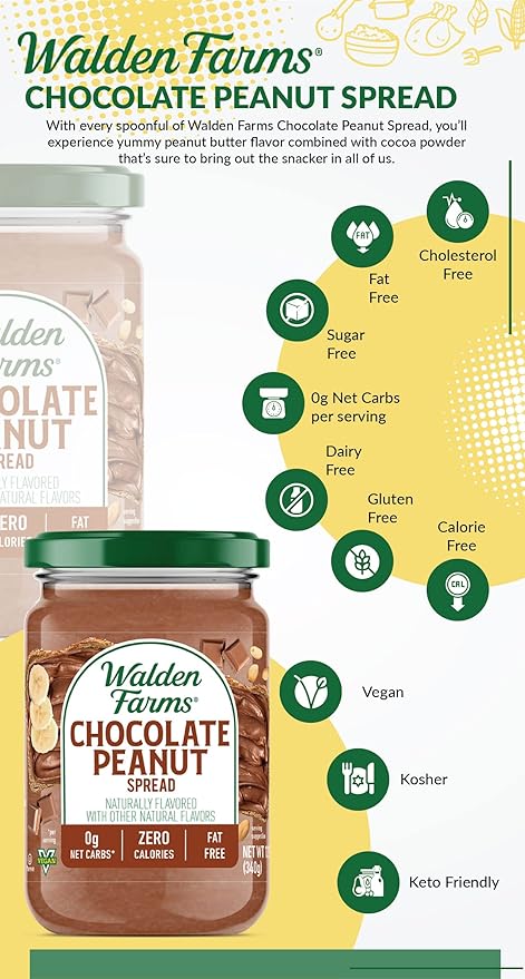 Walden Farms Chocolate Peanut Spread – Zero Calorie, Low Carb, Keto-Friendly, Vegan, Sugar-Free