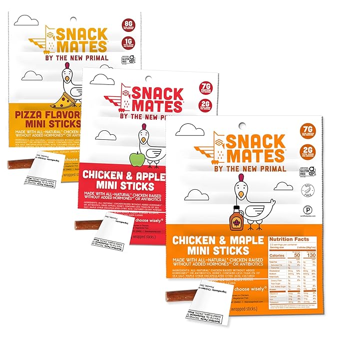 Snack Mates by New Primal Sampler Three Flavor Pack, Mini Chicken Sticks, High Protein and Low