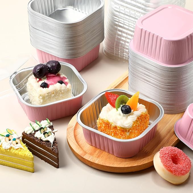 Aoriher 300 Pieces 10 oz Mini Cake Pans with Lids, Aluminum Foil Baking Cups, Square Disposable