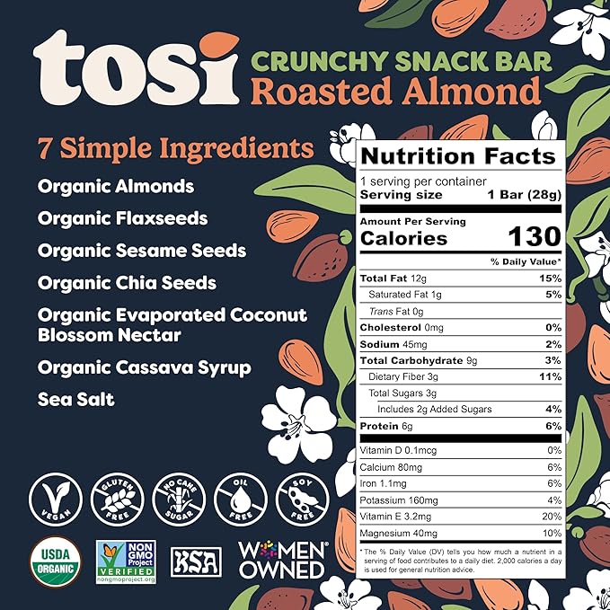 Tosi Almond Protein Bars, Plant Based with Nuts, Gluten-Free Crunchy Snacks, Vegan, Organic, Flax &