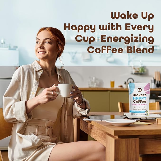 Wakers HAPPY Coffee supports energy, focus, anti-aging, and metabolism. Made in the USA with
