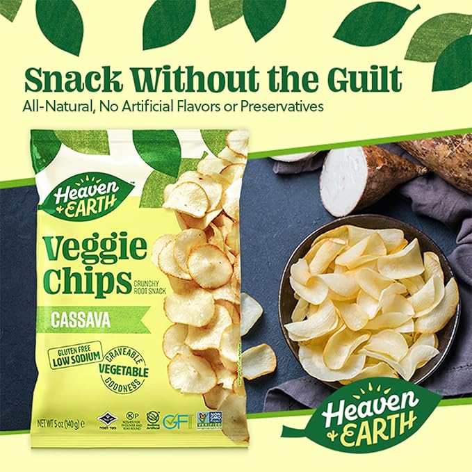 Heaven & Earth Cassava Chips, 5oz (2 Pack) Gluten Free | Non GMO | Low Sodium | Thin & Crisp Root