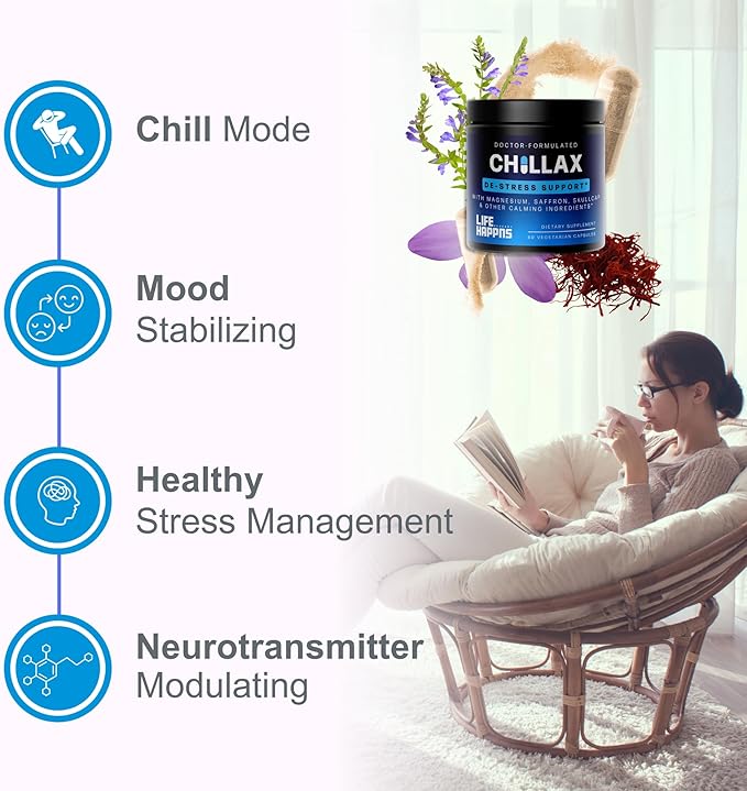 Life Happns Chillax, Calm Support Supplement, L Theanine, Magnesium, GABA and Saffron Supplements