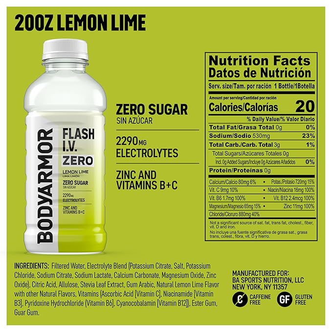 BODYARMOR Flash I.V. Zero Sugar Electrolyte Beverage, Lemon Lime, Hydration Drink For Rapid