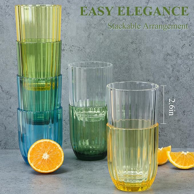 Acrylic Clear Highball Plastic Cups | Plastic Reusable Tumblers 15oz & 20oz (Set of 8) | Stackable