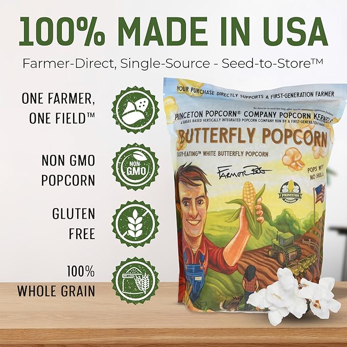 Princeton Popcorn White Butterfly Hulless Popcorn Kernels - Easy-Eating, Baby Small Tender Popping