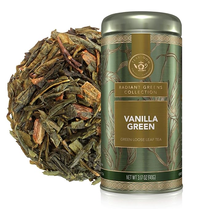 Teabloom Kosher Certified Vanilla Green Tea, Loose Leaf Tea Blend in Reusable Gift Canister, 3.17