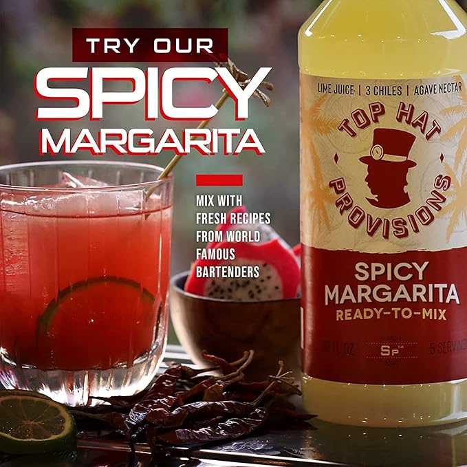 Top Hat Spicy Margarita Drink Mix - Handcrafted with 3 Chiles, Pineapple, Organic Agave Nectar &
