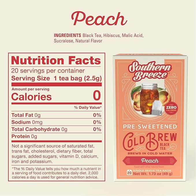 Southern Breeze Cold Brew Sweet Tea Peach Iced Tea with Black Tea and Zero Carbs Zero Sugar, 20