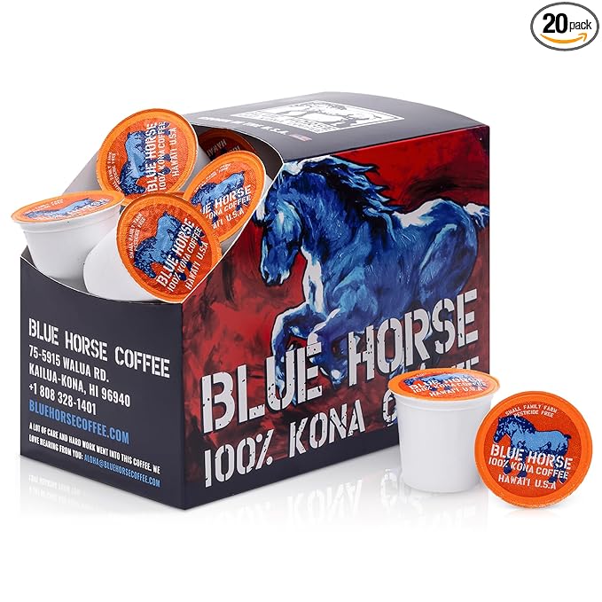 Blue Horse 100% Kona Coffee Pods, Medium Roast, 20ct Single Serve, Compatible with K Cups 2.0, Farm